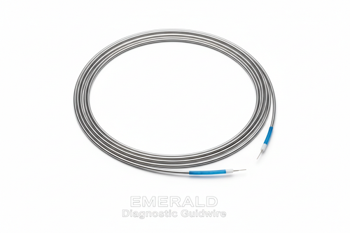 EMERALD Diagnostic Guidewire — Studio shot showing full coiled guidewire with hydrophilic-coated distal tip and radiopaque marker band on white background