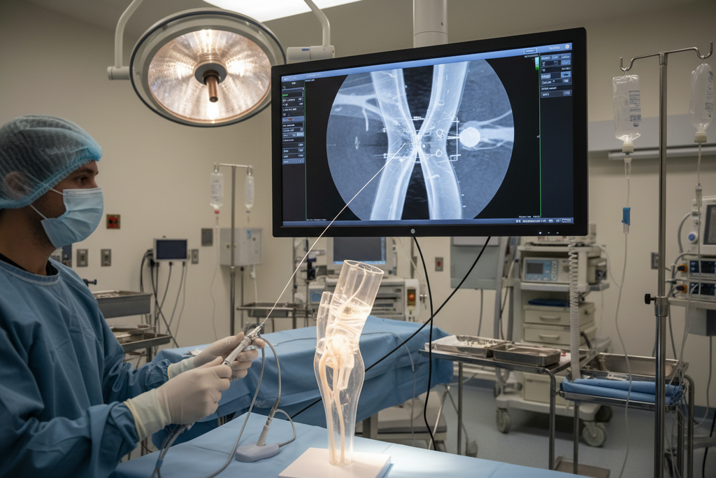 Fluoroscopy monitor showing JINDO guidewire tracking across tight tibial lesion in vascular simulation model in cath lab