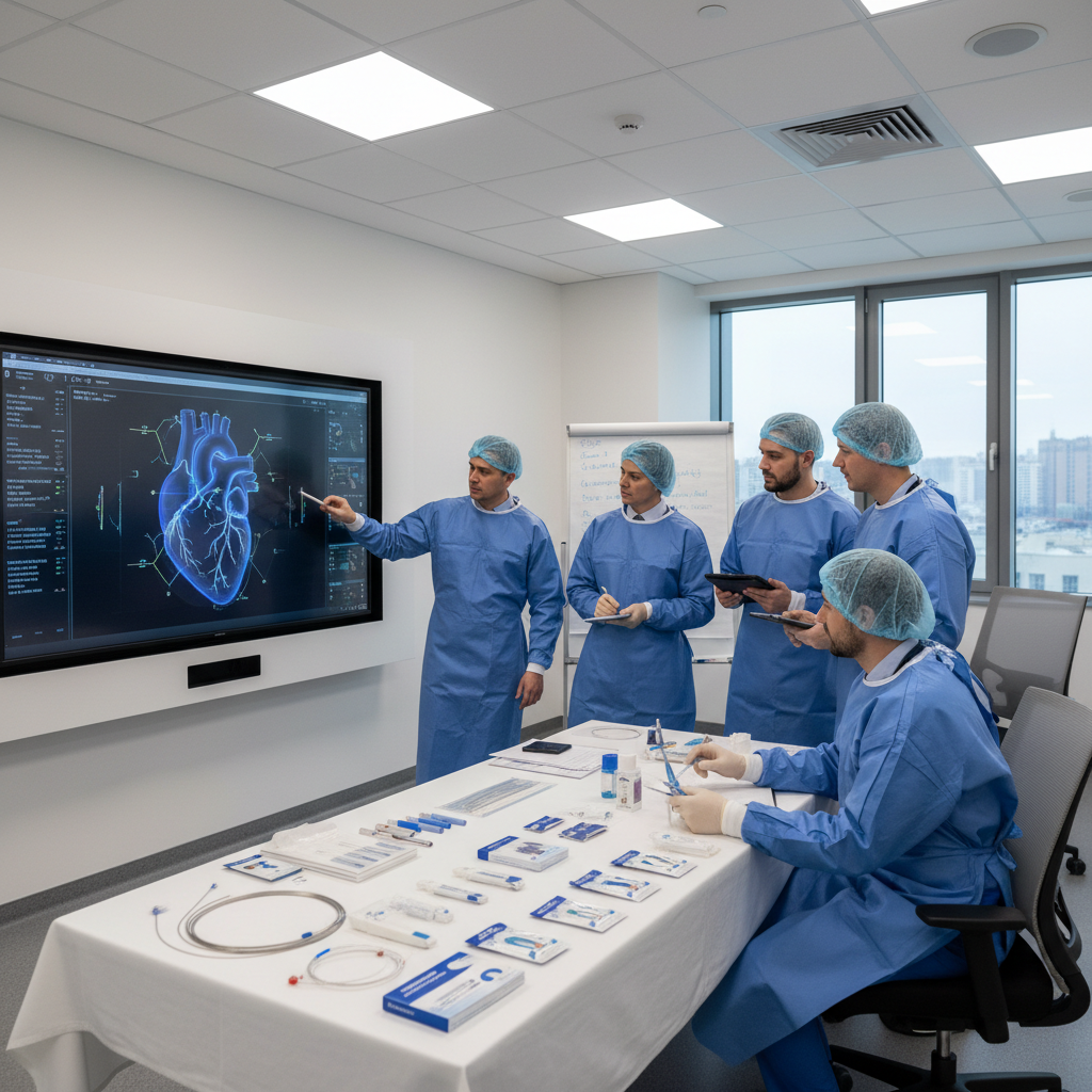 Cath lab team in scrubs gathered around monitor in training room with Cordis product display