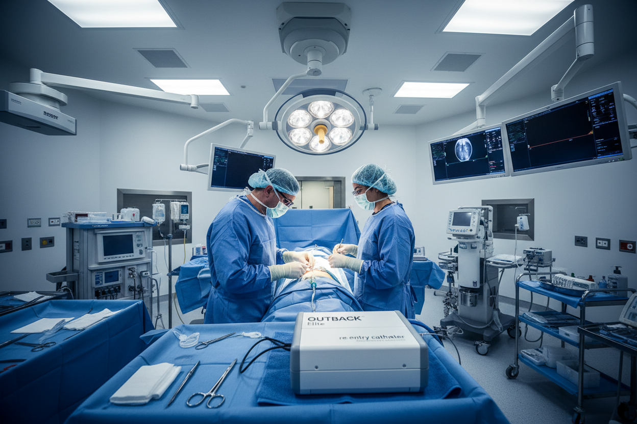 Vascular surgeon and scrub team at procedural table during femoropopliteal CTO case with OUTBACK Elite visible on sterile field in hybrid OR