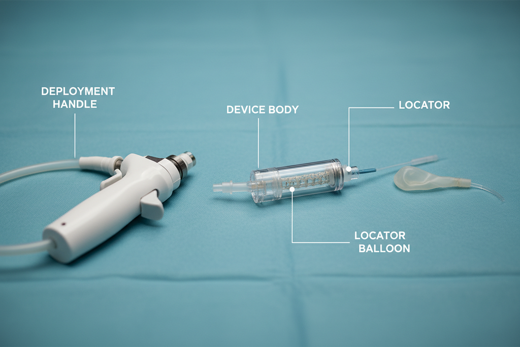 MYNX CONTROL Vascular Closure Device system shot showing deployment handle, device body, and locator balloon on sterile field with component labels