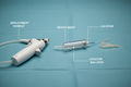 MYNX CONTROL Vascular Closure Device system shot showing deployment handle, device body, and locator balloon on sterile field with component labels