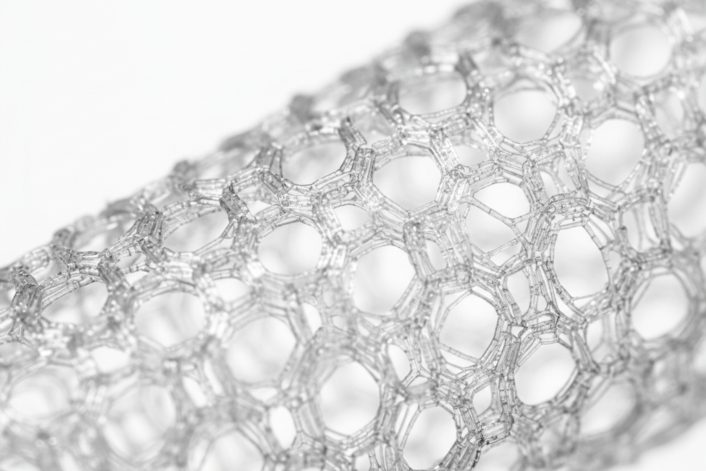 Macro close-up of bioabsorbable polyglycolic acid PGA plug matrix structure showing biodegradable polymer scaffold