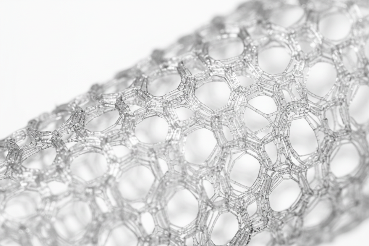 Macro close-up of bioabsorbable polyglycolic acid PGA plug matrix structure showing biodegradable polymer scaffold