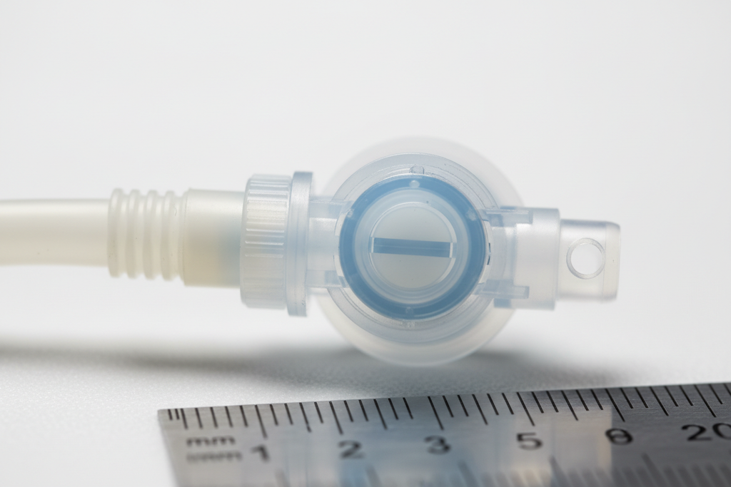 Macro close-up of ZEPHYR air pillow inflation valve mechanism with millimeter scale reference