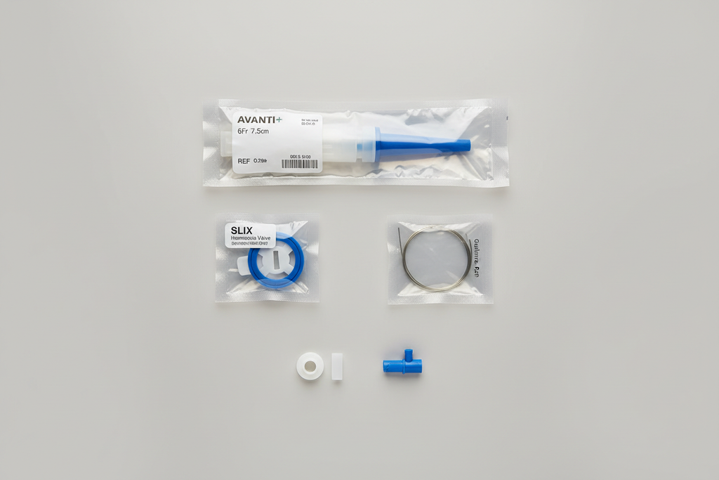 AVANTI+ Catheter Sheath Introducer complete kit overhead: sheath, dilator, guidewire port, and SLIX valve housing with size labeling