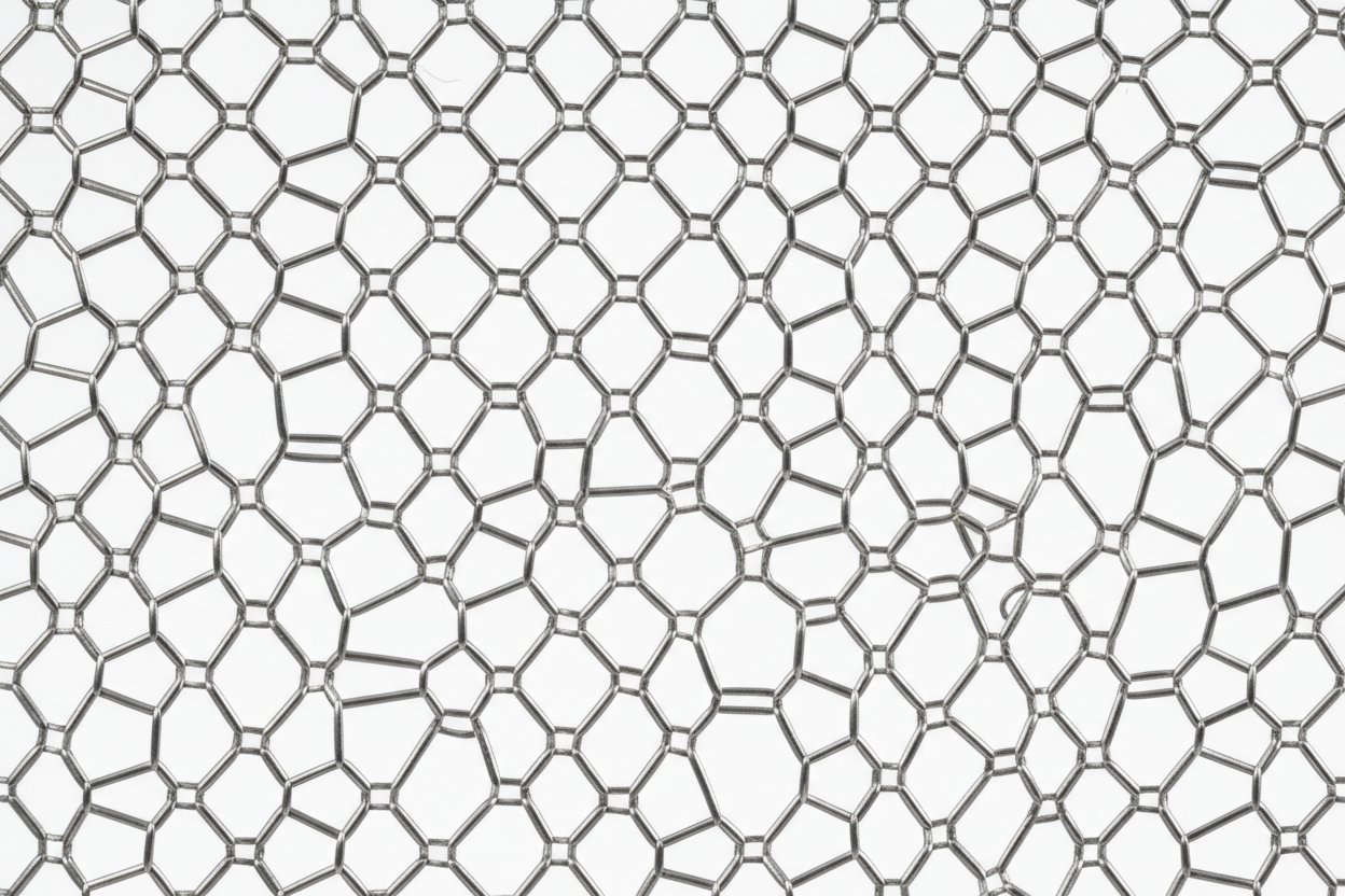 Magnified macro photograph of ANGIOGUARD RX emboli filter mesh showing 100-micron pore geometry and nitinol basket architecture