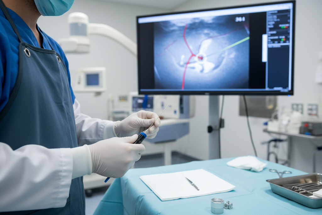 Medical fellow manipulating EMERALD movable core guidewire under simulated fluoroscopic guidance in teaching hospital simulation lab