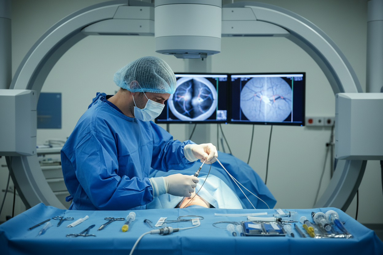 Interventionalist advancing FRONTRUNNER XP CTO catheter under biplane fluoroscopy during femoropopliteal CTO case