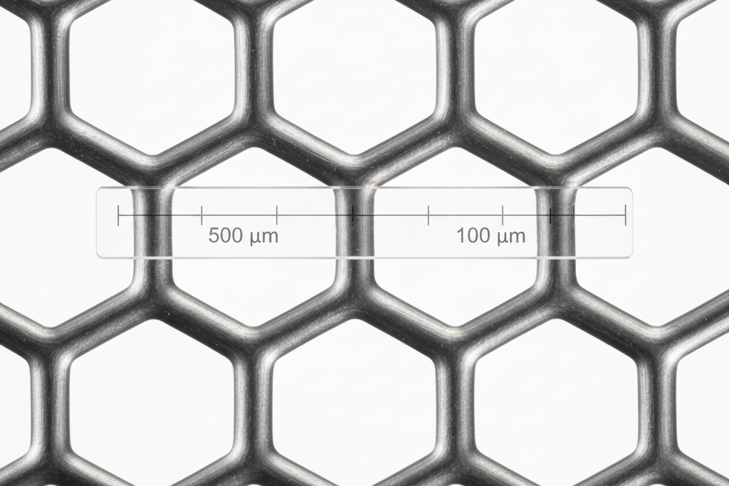 Magnified close-up of PRECISE PRO RX nitinol stent closed-cell strut architecture with cell size dimensions and micron-scale reference overlay