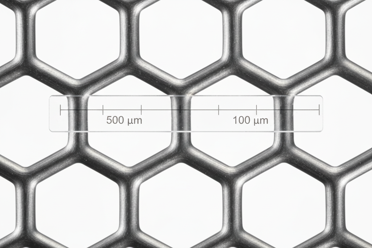 Magnified close-up of PRECISE PRO RX nitinol stent closed-cell strut architecture with cell size dimensions and micron-scale reference overlay