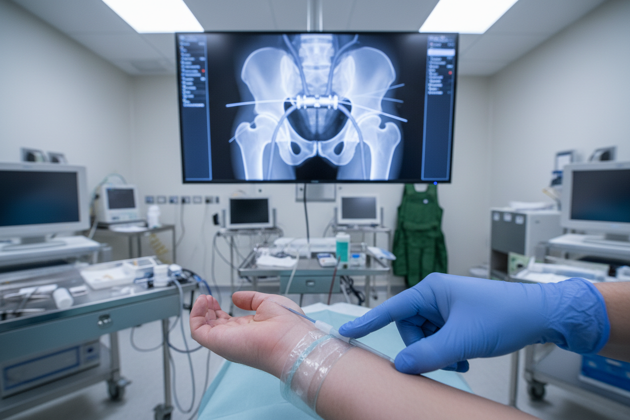 Operator accessing radial artery at wrist while fluoroscopy monitor displays stent deployment at iliac bifurcation during transradial peripheral intervention