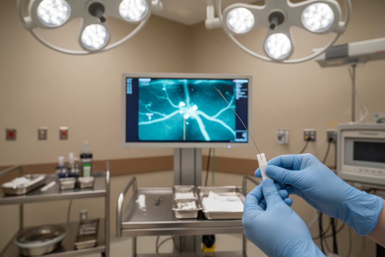 Clinician tracking AQUATRACK guidewire through vascular sheath during peripheral arterial intervention with fluoroscopy monitor in background