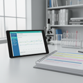 Medical research setting with clinical evidence dashboard showing study summaries and forest plots
