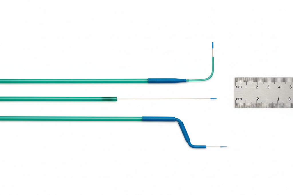 EMERALD Diagnostic Guidewires showing J-tip, Bentson, and Amplatz tip configurations against metric ruler on white field