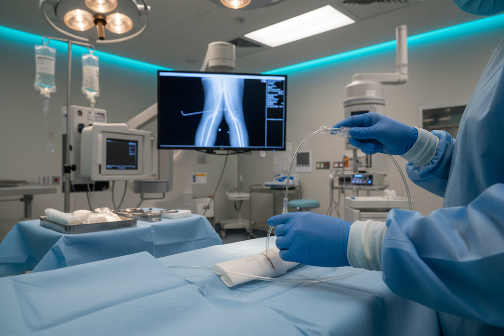 Clinician advancing POWERFLEX Pro PTA balloon catheter over guidewire through femoral sheath during peripheral revascularization in IR suite