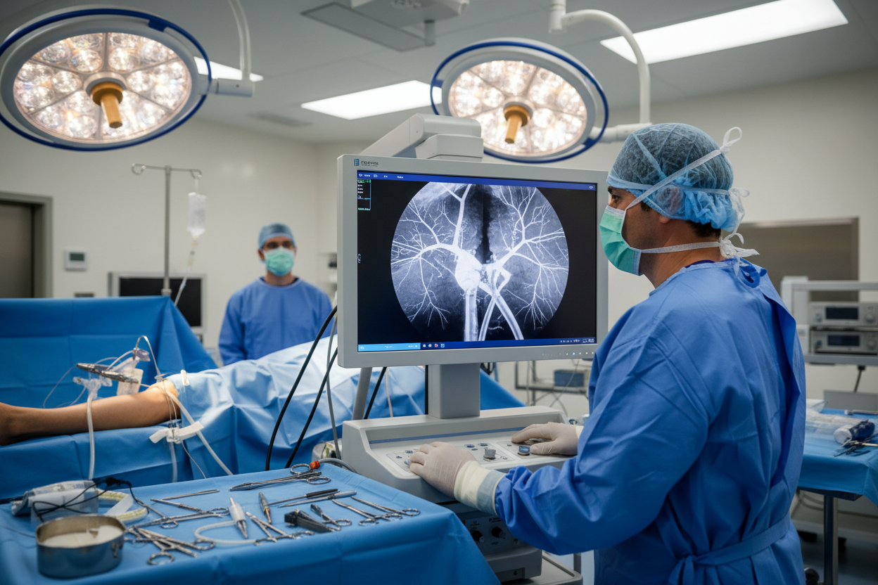 Vascular surgeon confirming VISTA BRITE TIP catheter position on large fluoroscopy monitor during complex iliac intervention in hybrid OR