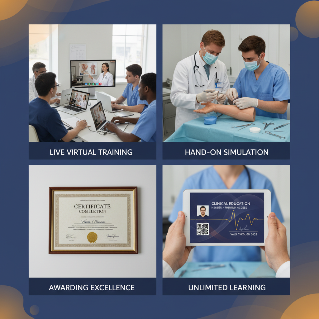Montage of clinical education showing virtual training, simulation workshop, certificate, and membership pass