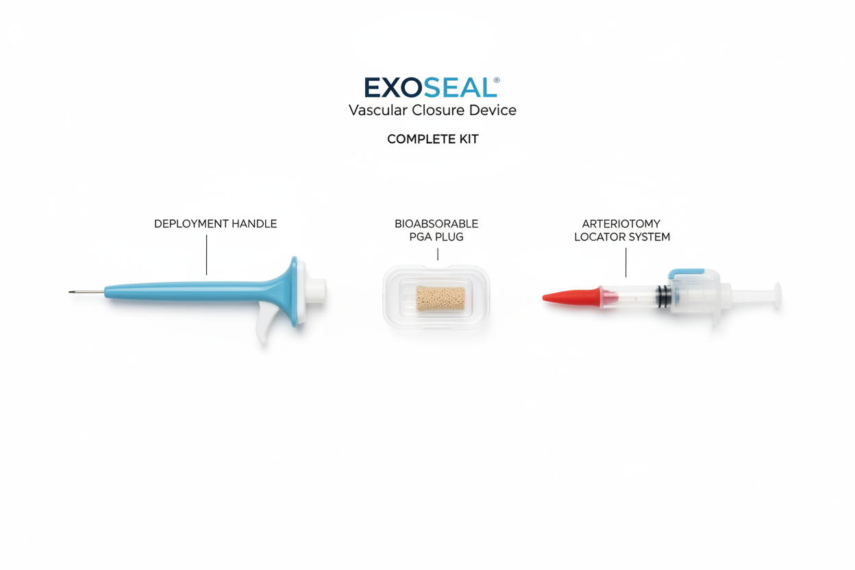 EXOSEAL Vascular Closure Device kit flatlay showing device, deployment handle, and locator system with component callout labels