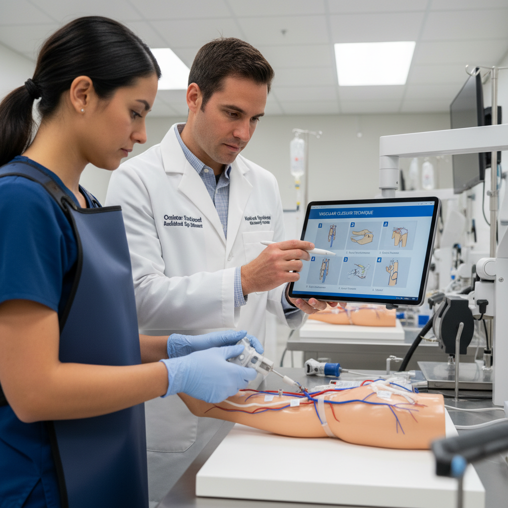 Cath lab nurse practicing vascular closure device deployment on training model with clinical specialist guidance