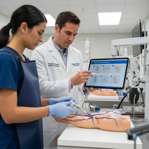 Cath lab nurse practicing vascular closure device deployment on training model with clinical specialist guidance