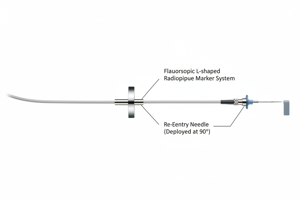 OUTBACK Elite Re-Entry Catheter studio flatlay with fluoroscopic L-marker system labeled and re-entry needle visible at distal tip in deployed position