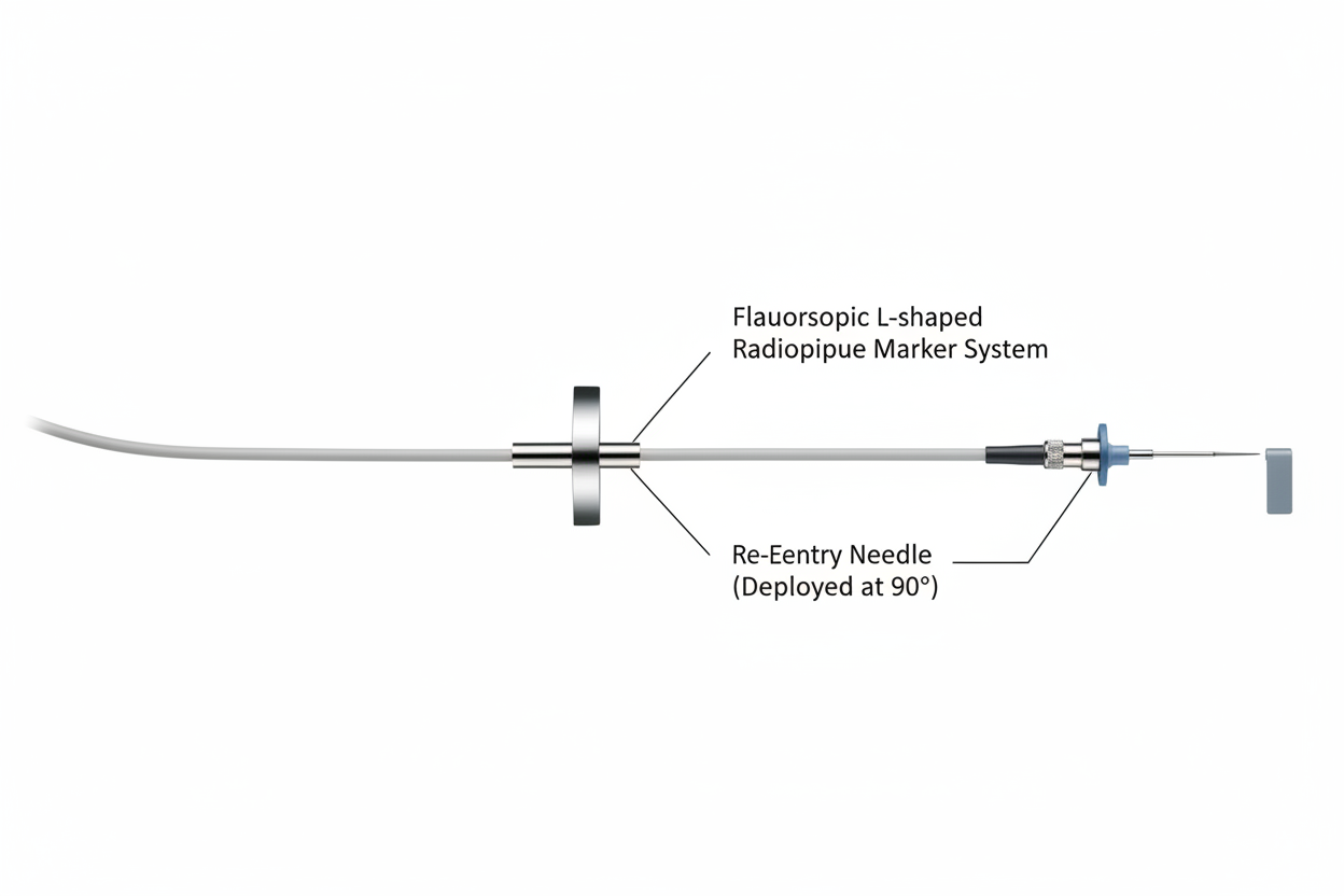 OUTBACK Elite Re-Entry Catheter studio flatlay with fluoroscopic L-marker system labeled and re-entry needle visible at distal tip in deployed position