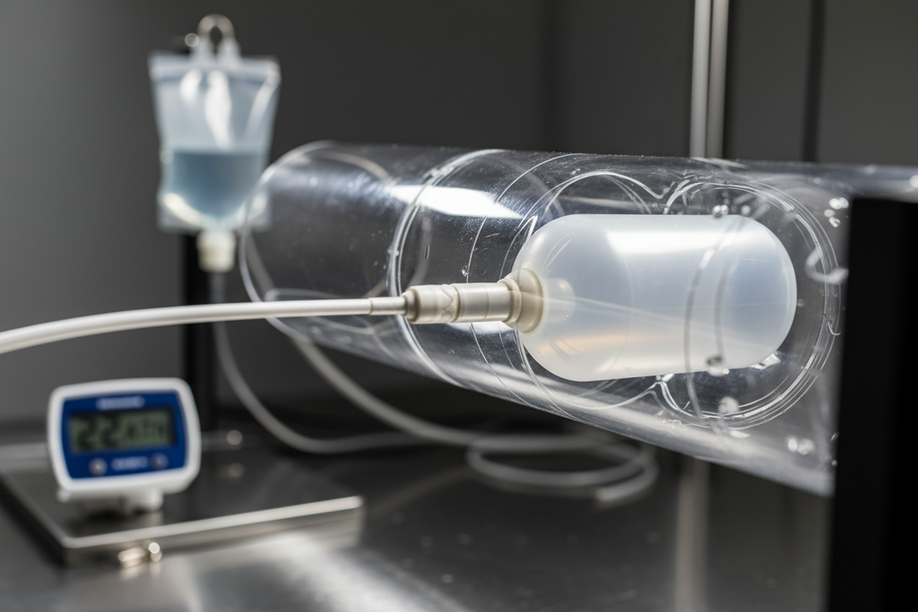 Macro close-up of POWERFLEX Pro balloon inflated to rated burst pressure inside transparent tube model showing uniform radial force distribution