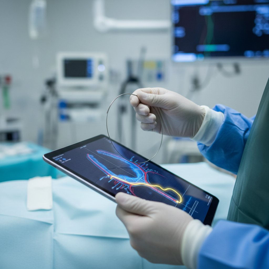 Interventional cardiologist hands holding guidewire with vessel anatomy diagram on tablet