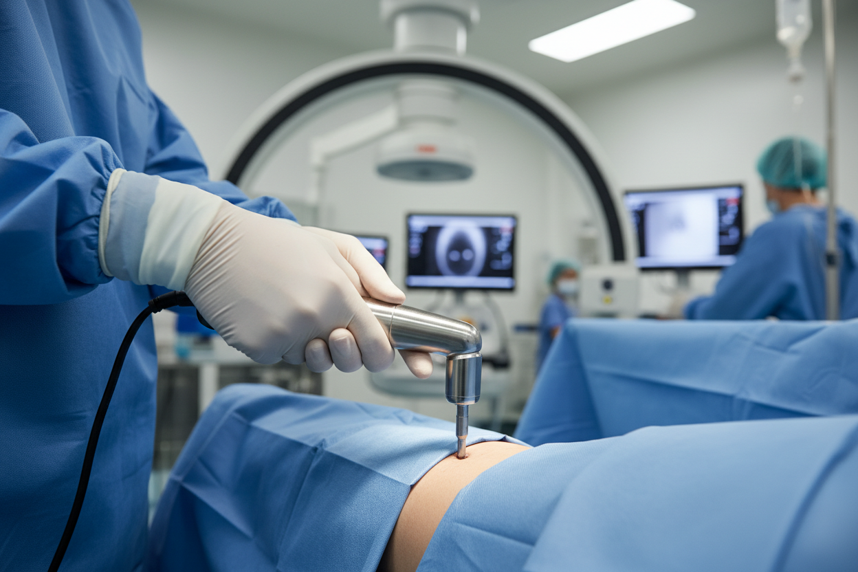 Vascular surgeon deploying EXOSEAL at femoral groin access site in hybrid OR at conclusion of peripheral vascular case