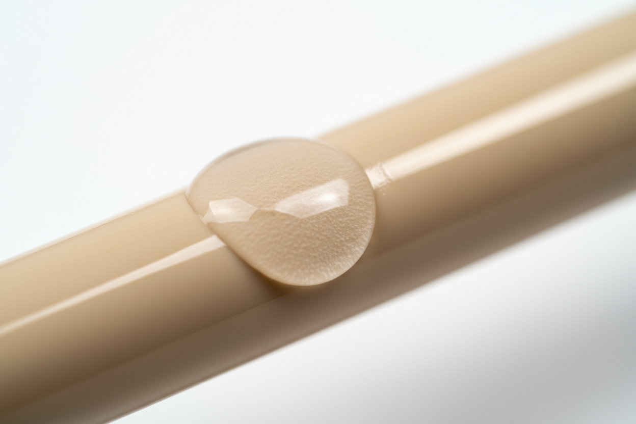 Macro close-up of saline droplet spreading across hydrophilic outer surface of TEMPO AQUA catheter illustrating coating activation and lubricity
