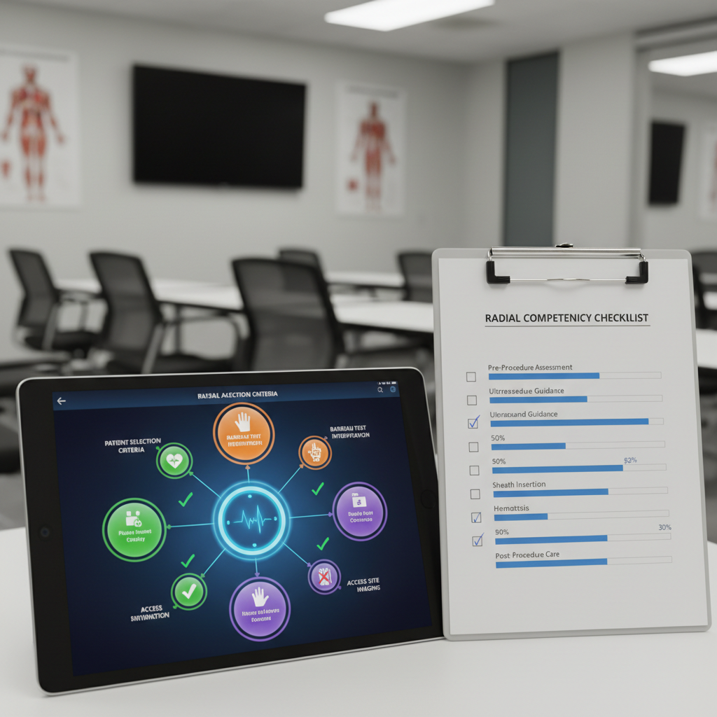 Tablet showing interactive radial access decision tree next to printed competency checklist