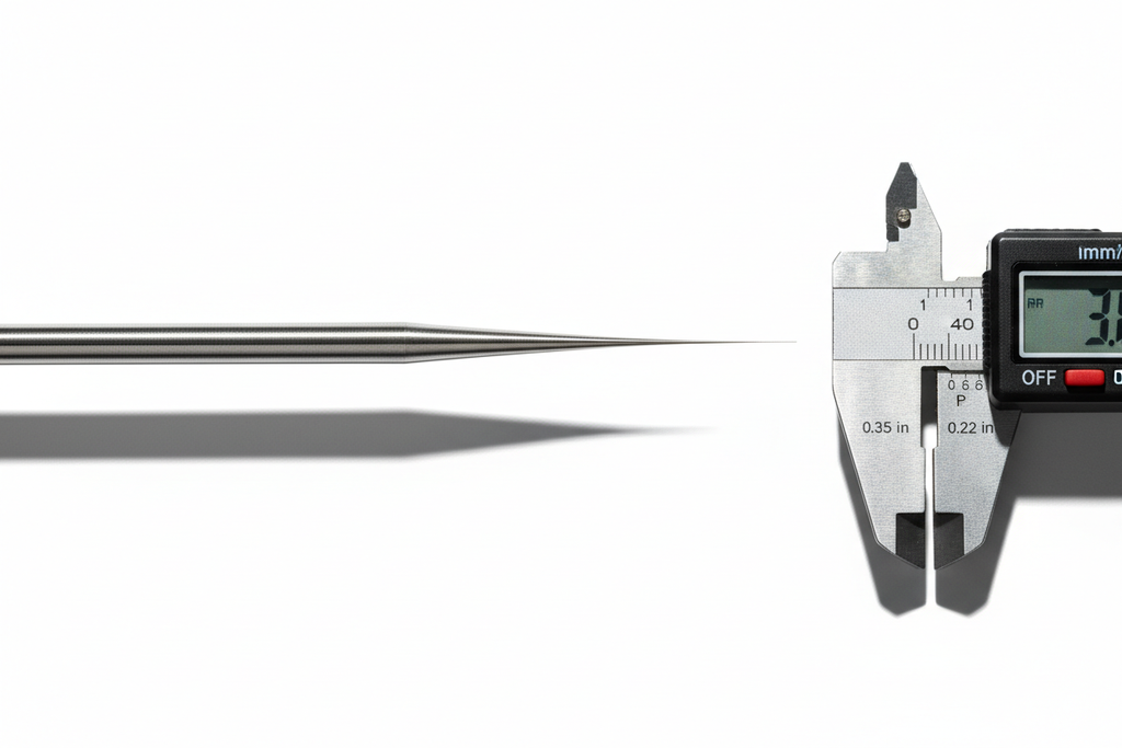 Macro close-up of JINDO tapered guidewire diameter transition zone with precision micrometer alongside for scale reference