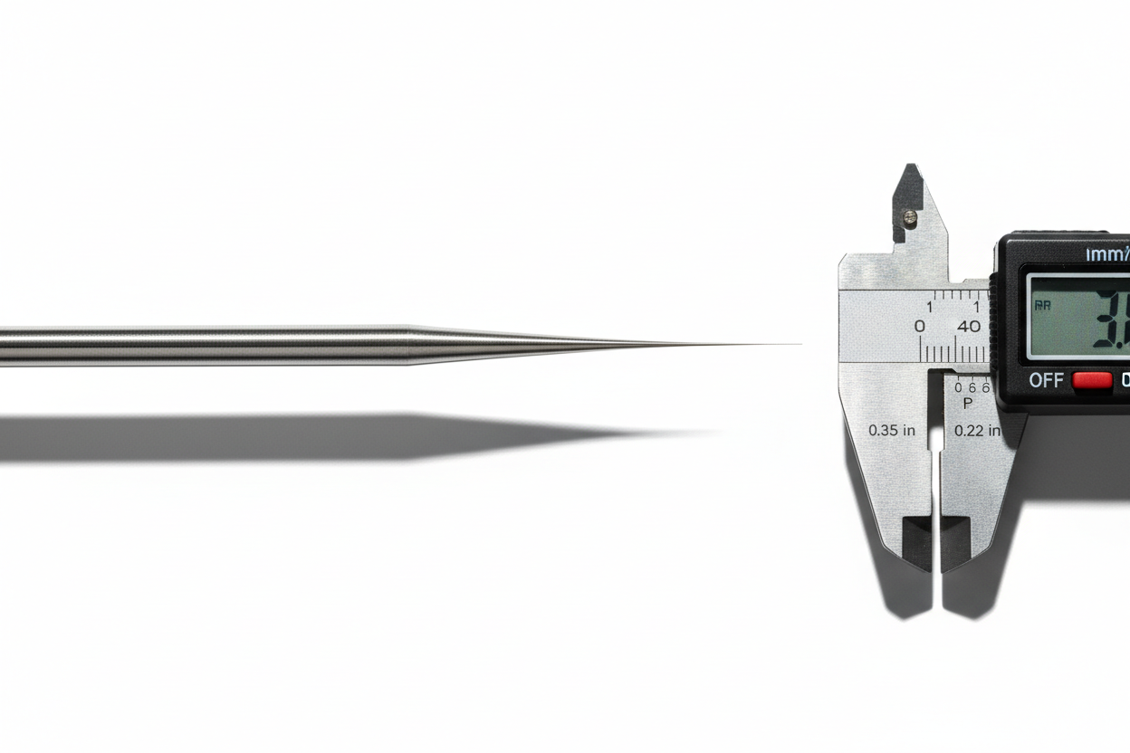 Macro close-up of JINDO tapered guidewire diameter transition zone with precision micrometer alongside for scale reference