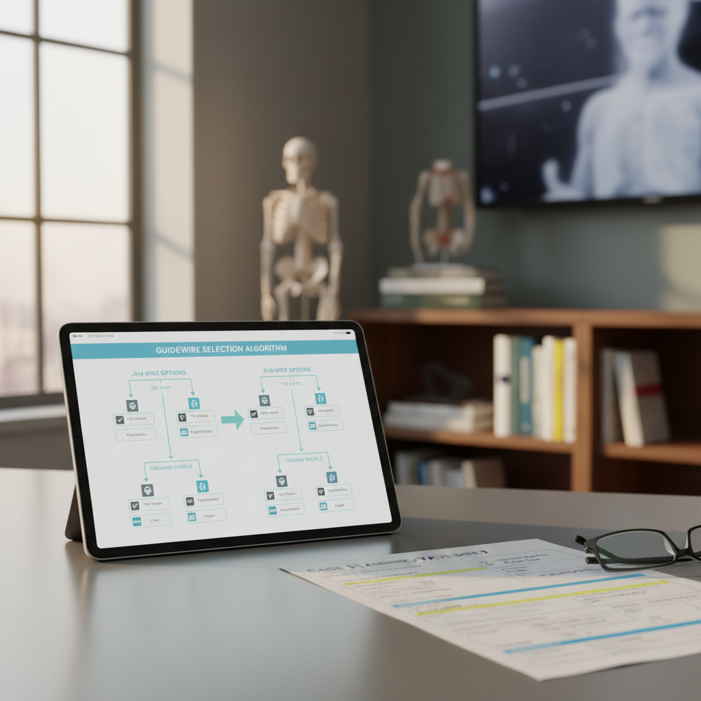 Medical desk with tablet displaying guidewire selection flowchart and case planning worksheet