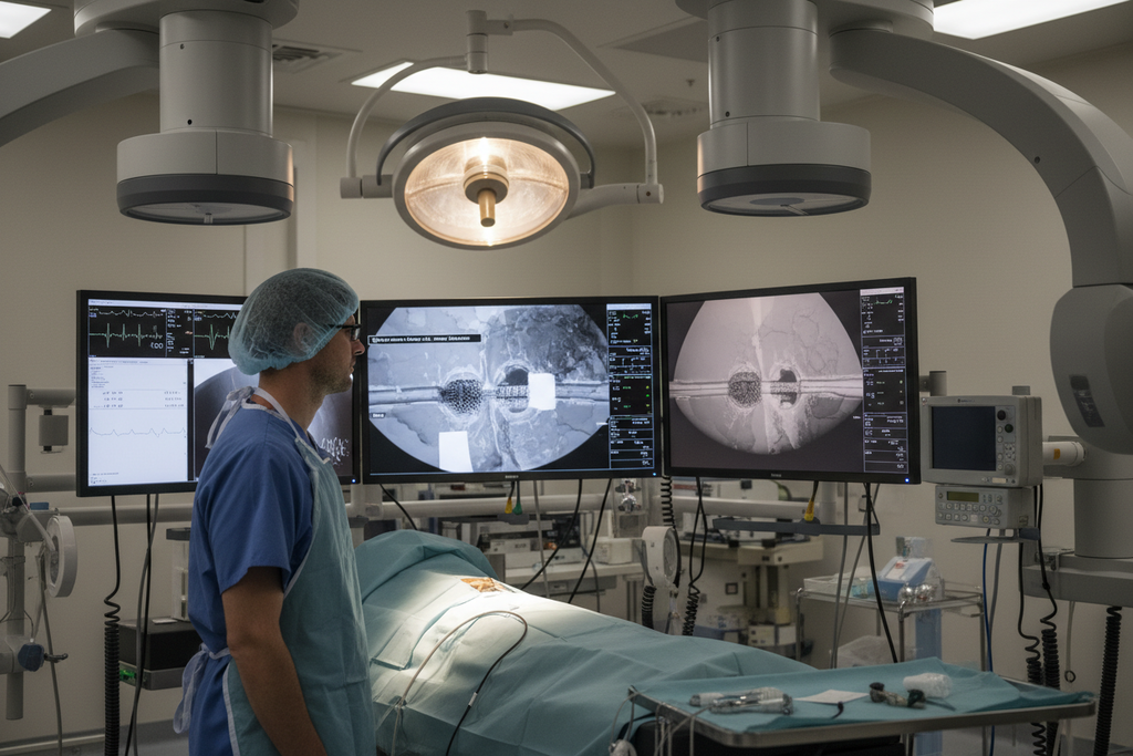 Neurointerventionalist reviewing live fluoroscopic images of carotid stent deployment during active CAS case in neuro IR suite