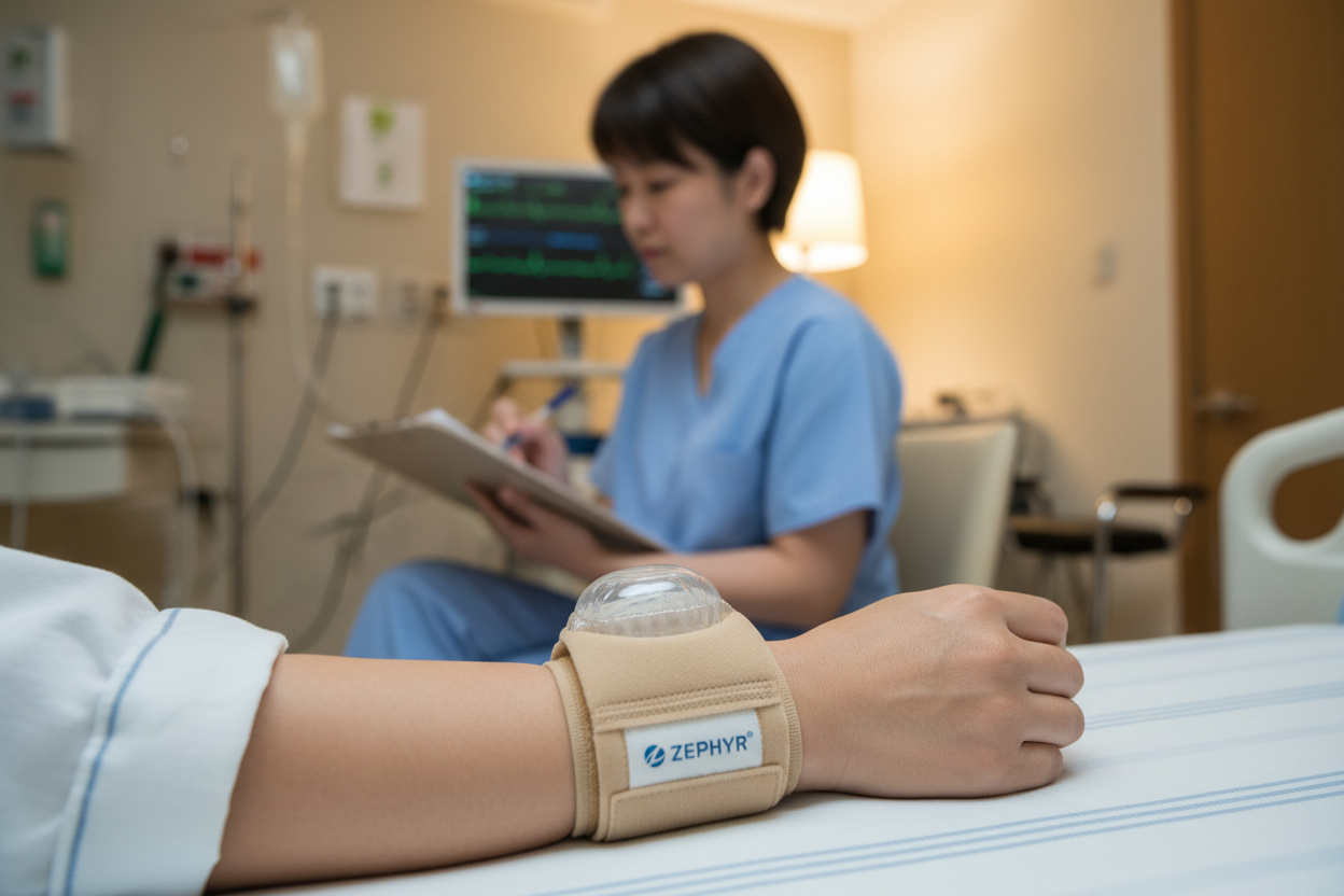 ZEPHYR compression band applied to patient wrist post-transradial catheterization in cardiac ICU