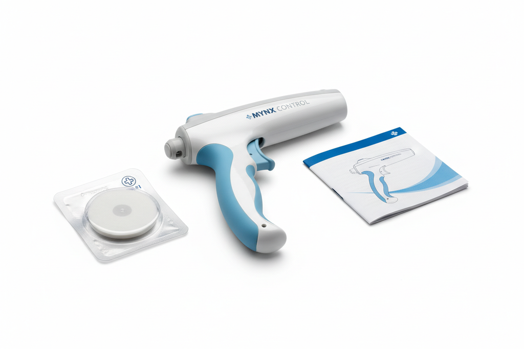 MYNX CONTROL Vascular Closure Device — Complete device assembly including delivery handle, sealant cartridge, and sterile packaging in clinical presentation format on white background
