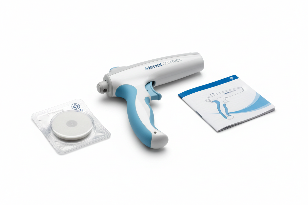 MYNX CONTROL Vascular Closure Device — Complete device assembly including delivery handle, sealant cartridge, and sterile packaging in clinical presentation format on white background