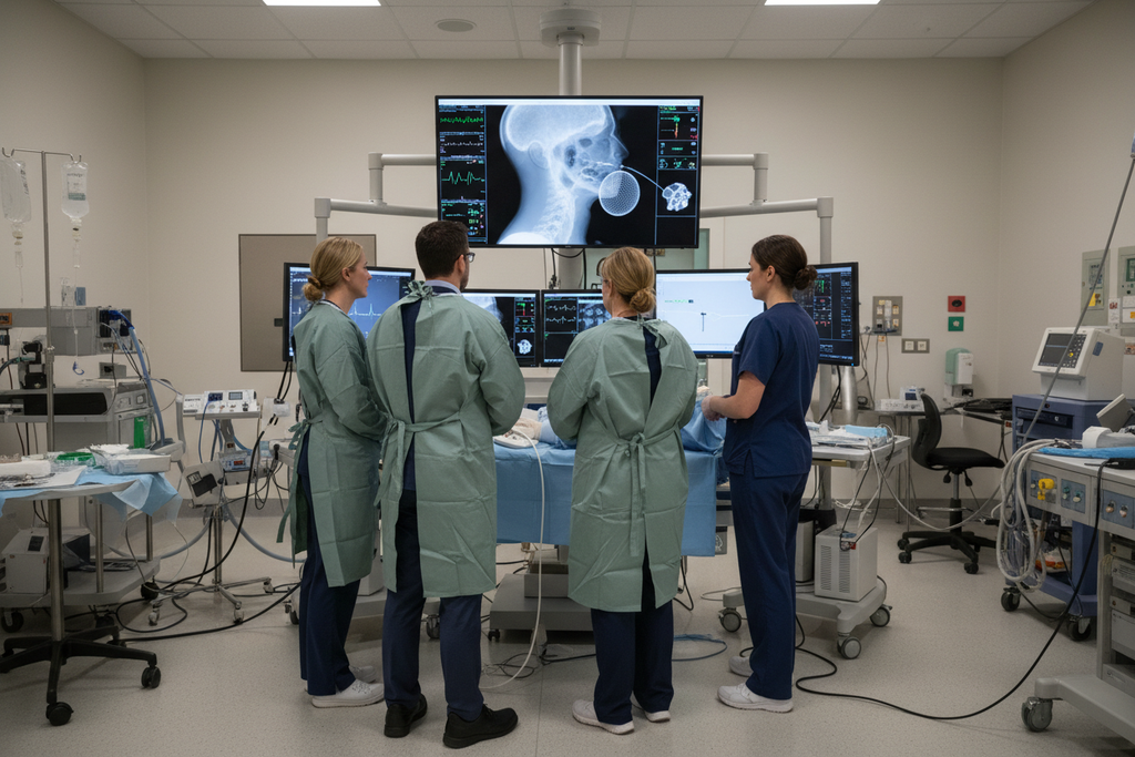Biplane fluoroscopy monitor showing ANGIOGUARD filter guidewire distal to deployed carotid stent during active carotid stenting case