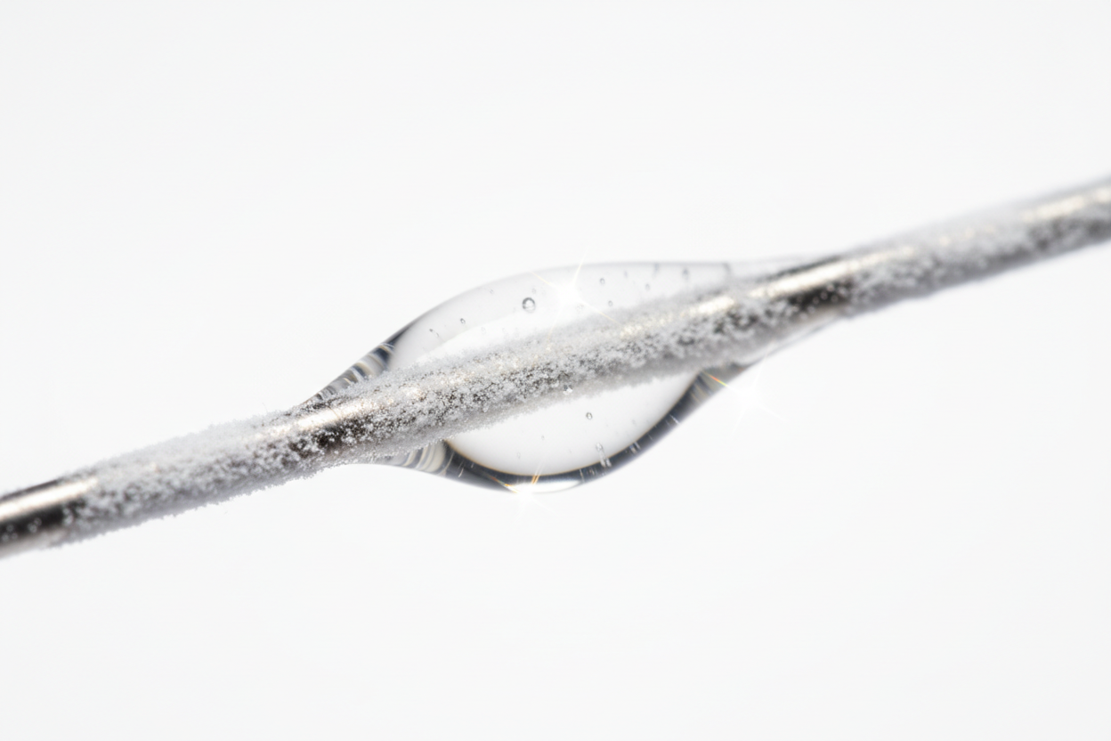 Macro close-up of saline droplet contact on AQUATRACK hydrophilic nitinol wire surface with light catching the lubricious film