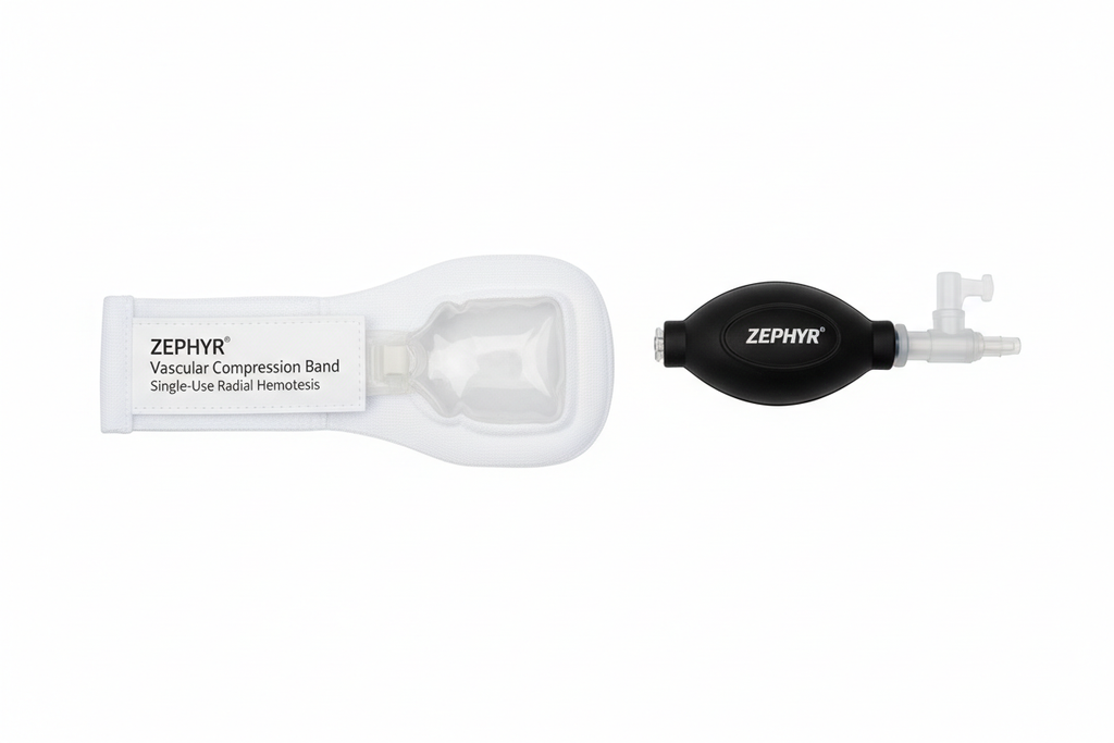 ZEPHYR Vascular Compression Band laid flat on white background showing inflation bulb and valve assembly