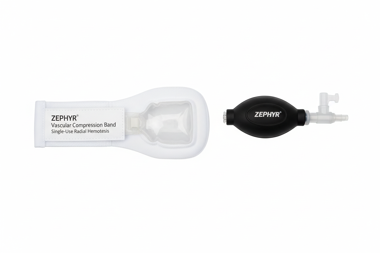 ZEPHYR Vascular Compression Band laid flat on white background showing inflation bulb and valve assembly
