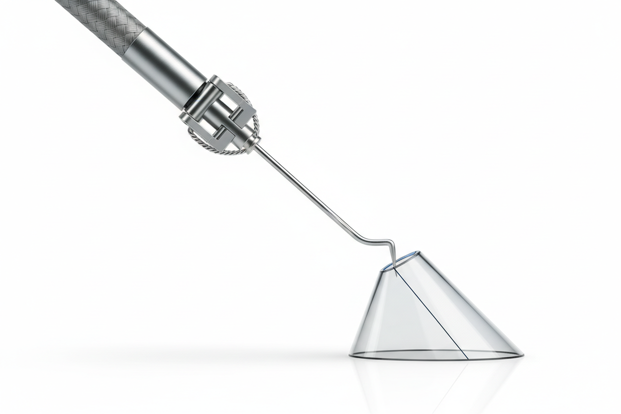 Macro close-up of OUTBACK Elite re-entry needle deployed at 90 degrees from catheter tip showing puncture geometry and needle mechanism