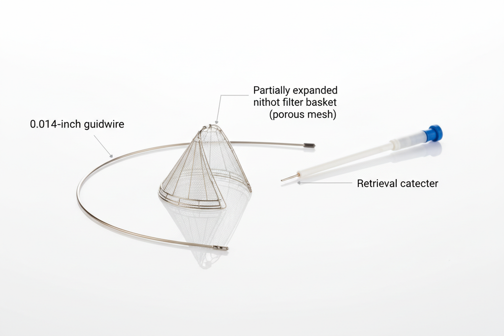 ANGIOGUARD RX Emboli Capture Guidewire System studio shot showing 0.014-inch wire, partially expanded filter basket, and retrieval catheter with component labels