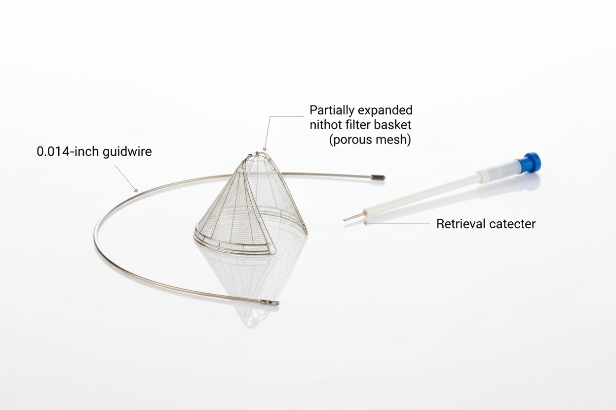 ANGIOGUARD RX Emboli Capture Guidewire System studio shot showing 0.014-inch wire, partially expanded filter basket, and retrieval catheter with component labels