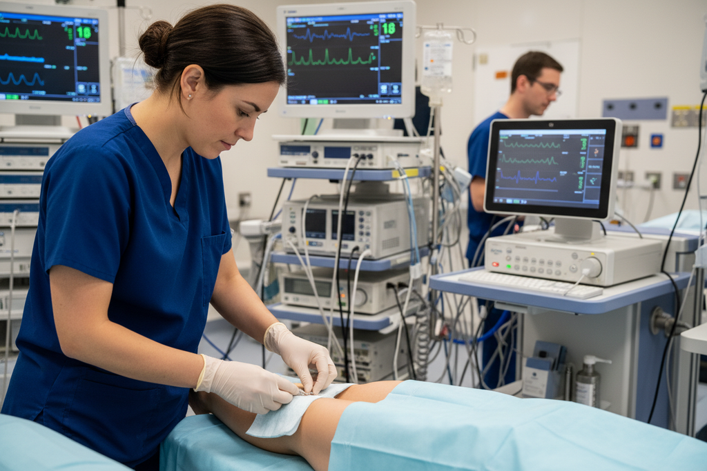 Nurse practitioner completing femoral access site closure with MYNX CONTROL after cardiac ablation procedure in EP lab