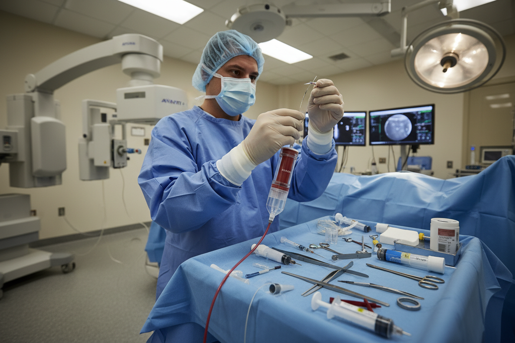 Scrub technician loading catheter through AVANTI+ sheath introducer during active interventional radiology case