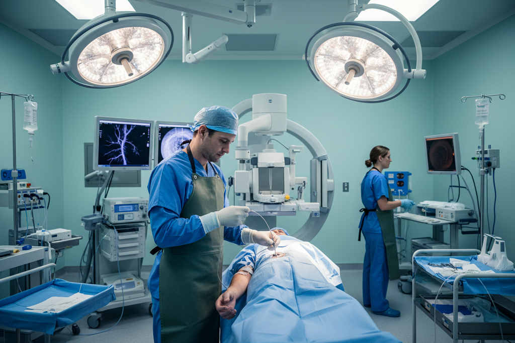 EMERALD Diagnostic Guidewire — Interventionalist advancing guidewire through guiding catheter under fluoroscopic guidance in cardiac catheterization lab