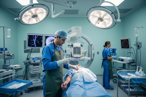 EMERALD Diagnostic Guidewire — Interventionalist advancing guidewire through guiding catheter under fluoroscopic guidance in cardiac catheterization lab